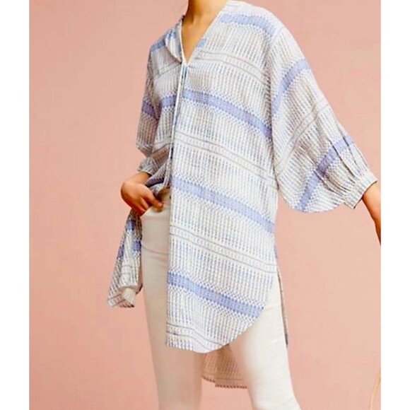 Maeve Anthropologie Lena Yarn Dye Off White Blue Oversized Boho Top Sz Small - Picture 2 of 9